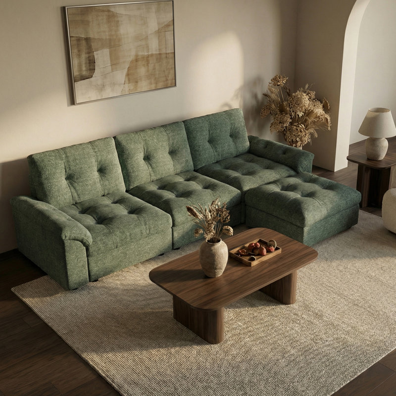 103.5" Modular Sectional Cloud Sofa With Deep Seat Couch,lattice Decored Design, Green Chenille, 38.85" H x 103.5" W x 56" D