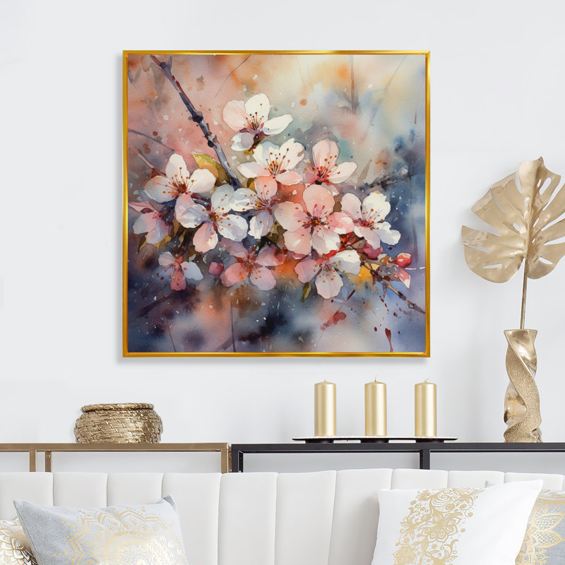 Mélodie du pommier Rrahman sur toile, H 30 po x l 30 po x P 1 po, Cadre flottant doré