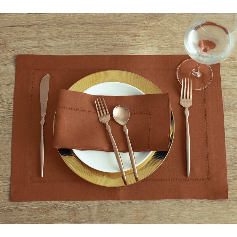 100% Pure Linen Hemstitch Dinner Napkins - Classic Hemstitch, Brown