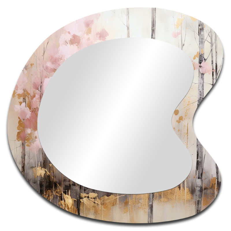 Minimalisme rose et doré forêt - grand miroir mural asymétrique Forest, miroir décoratif de forme unique beige, impression d'art en métal