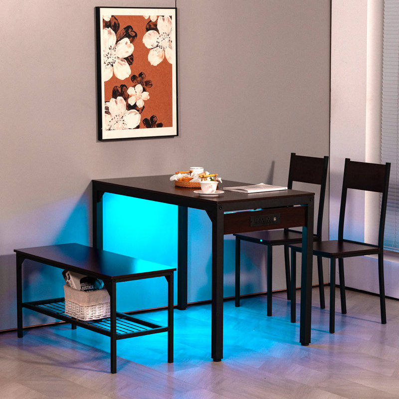  Ensemble de table de salle à manger 43,3 po pour 4 personnes avec lumières DEL et prise USB-C, table de cuisine moderne avec banc et 2 chaises, mobilier de salle à manger rectangulaire en métal pour petits espaces et appartements