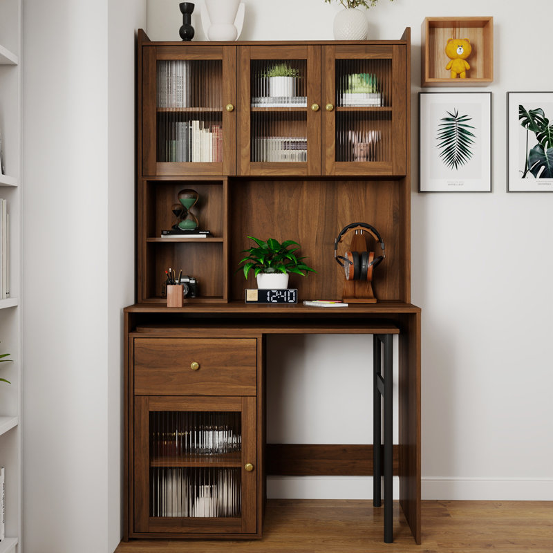Bureau d'ordinateur avec porte vitrée pour bureau personnel ou bureau d'étude, Noyer