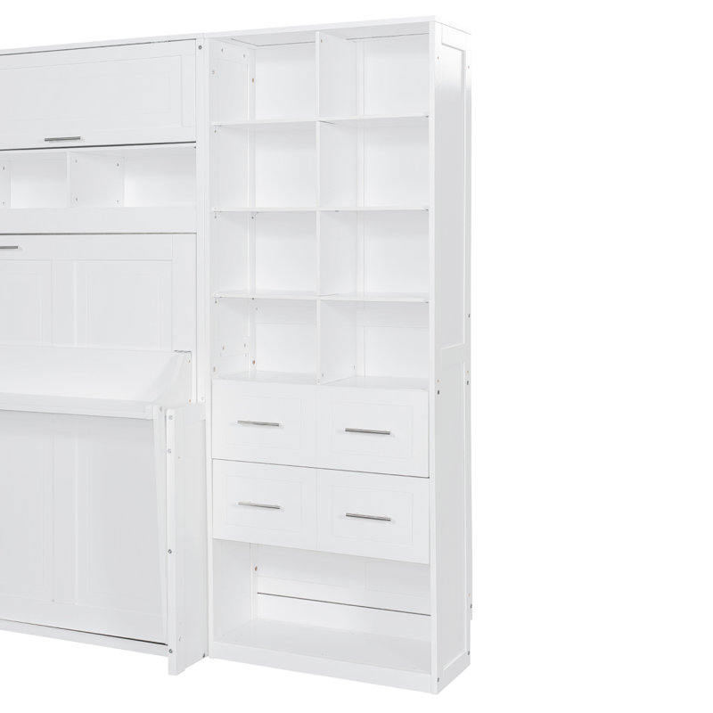 Lit escamotable double pleine grandeur avec placard, tiroirs et tablettes, blanc, Lit double, Blanc