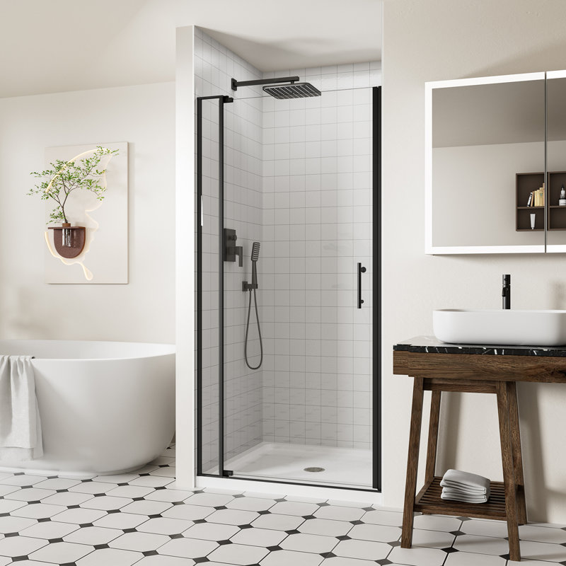 Porte de douche pivotante sans cadre de l 32 à 36 po x H 72 po avec verre trempé de 1/4 po et 5/16 po et extérieur ouvert, finition noir mat