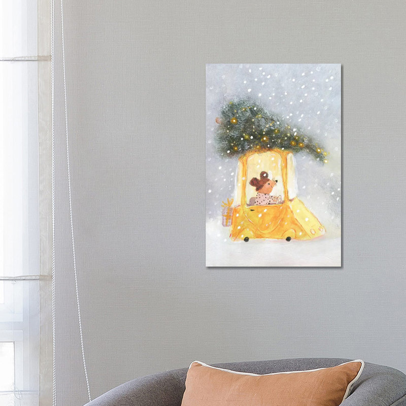 Little Mouse Carrying Chrictmas Tree On The Top Of The Car by Natalia Shaloshvili - Wrapped Canvas Painting