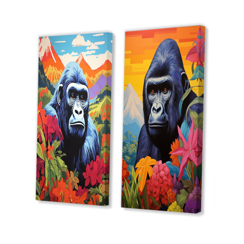 «Gorilla In Colorful Mountain Landscape I - Gorilla Wall Art», ensemble de 2 pièces, H 28 po x l 24 po, Toile tendue