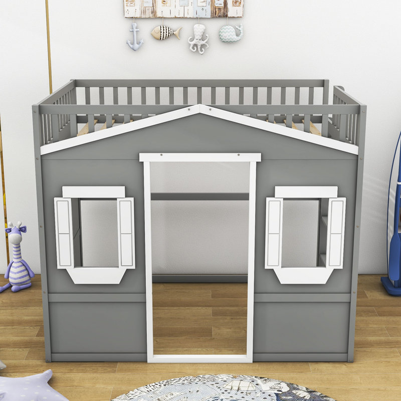 Ascutney Full Size House Loft Bed with Windows by Harper Orchard, Gray/White