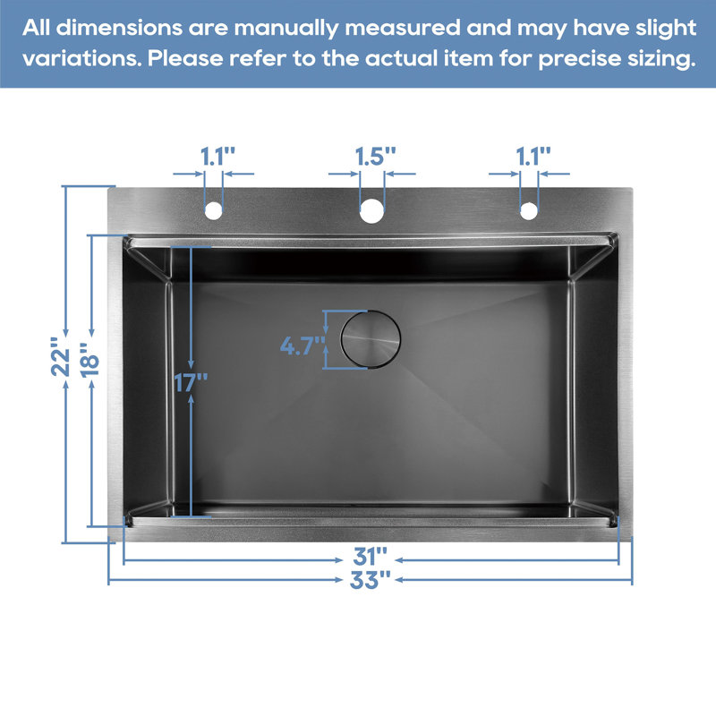 33" Gunmetal Black Stainless Steel Single Bowl Drop-In Workstation Sink