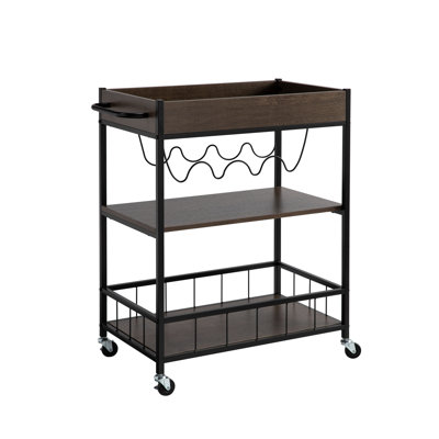 Rolling Kitchen Cart With Three Tier Storage And Four Wine Bottle Rack - Metal