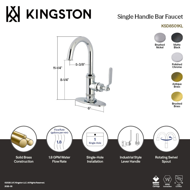 Robinet de bar à poignée simple 1 trou Kingston Brass Whitaker, Nickel brossé