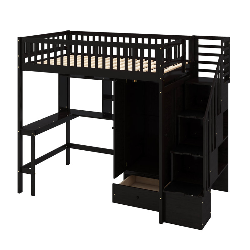 Lit mezzanine simple avec bibliothèque, tiroirs, bureau et garde-robe, Espresso