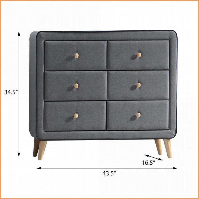 Commode double 6 tiroirs Mid-Century | Gris clair | Bois et tissu
