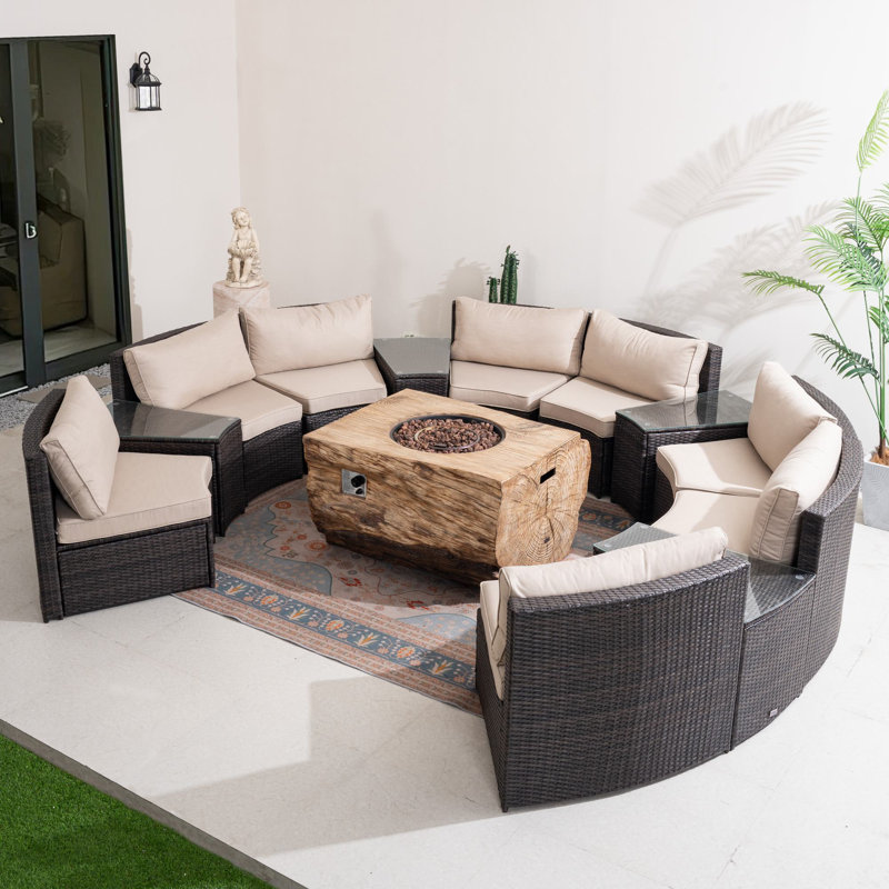 Ensemble de conversation modulaire en rotin pour 8 personnes avec coussins, 13 pièces: table de foyer, 8 chaises, 4 tables de
