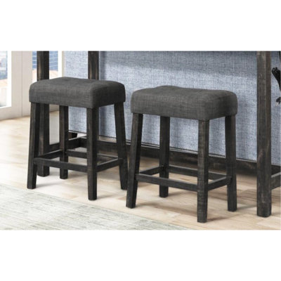Ensemble de 2 tabourets de comptoir en bois transitionnel 24 po, avec dossier rembourré et coussin en tissu de lin, meubles de cuisine / salle à manger, noir anthracite