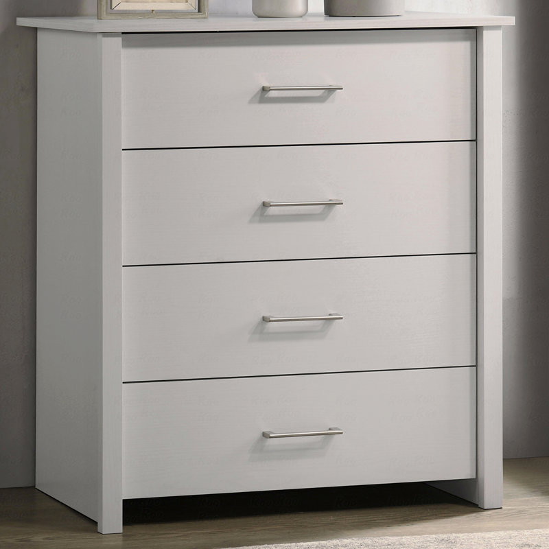 Commode blanche à 4 tiroirs l 32 po avec poignées argentées, Blanc