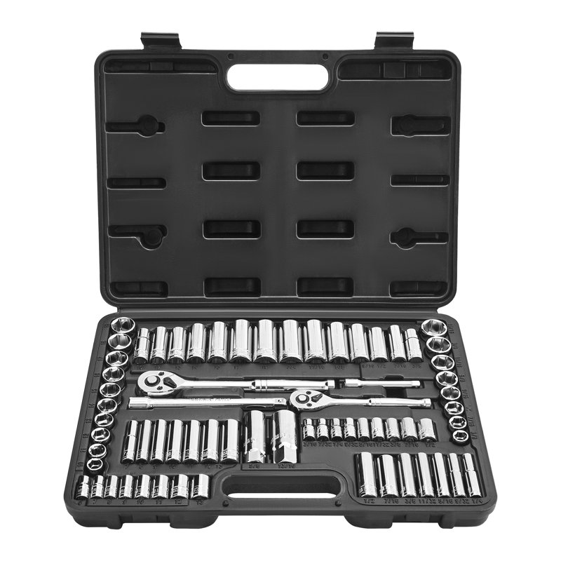Ensemble 69 pièces d'outils de mécanicien avec étui de rangement - Ensemble de douilles et cliquets en acier inoxydable CR-V robustes, entraînement profond / standard SAE et métrique pour réparation automobile