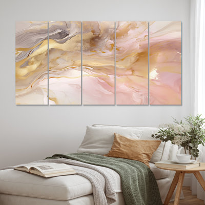 Exquis symphonie abstraite rose pastel I - art mural abstrait, salon - 5 panneaux égaux