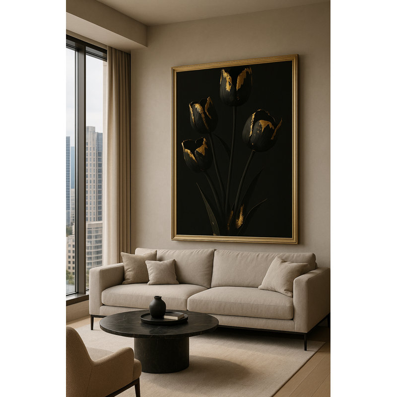 Gilded Stillness - Noir Botanical No. I Framed Canvas Wall Art by Kasian Art Studio - White Frame, Brown