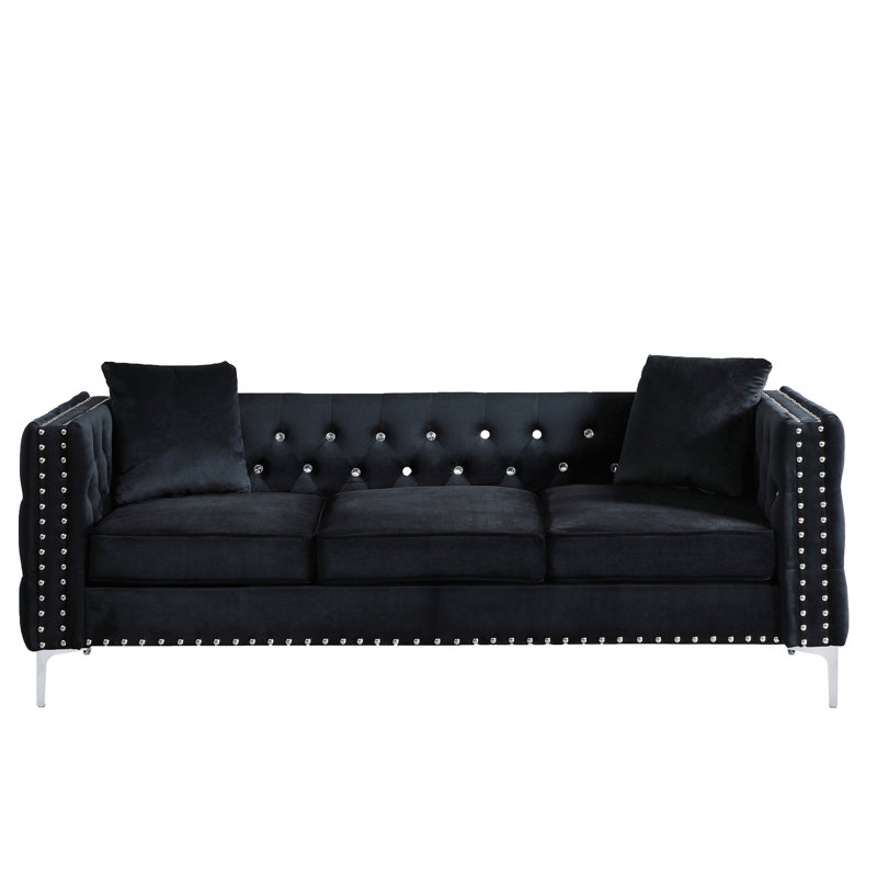 Moderne, largeur de 82,3 po, velours noir à 3 places, capitonnage à boutons, carré, structure en bois massif, pieds en métal, 2 coussins décoratifs, canapé simple à installer avec boutons, style classique, structure, facile à poser