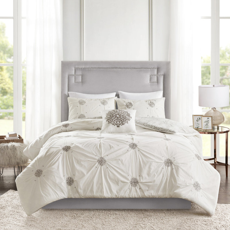 Housse de couette pour lit double / grand en coton 4 pièces - Shabby Chic, brodée avec médaillon et motif inversé, comprend une couette, 2 taies décoratives 1 coussin décoratif, lavable à la machine réversible double / grand, coton,