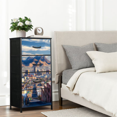 Commode 4 tiroirs pour chambre à coucher, commode étroite, plateau en bois et structure en fer de travail 18 po x 37,5 po - (l x H)