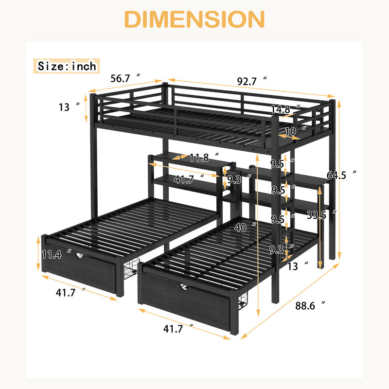 Lit double superposé simple au-dessus de simple et simple avec tiroirs, lit à cadre en métal multifonctionnel, tête de lit avec tablette et port USB