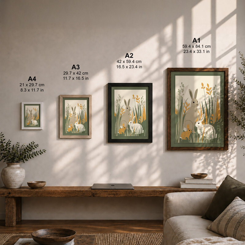 Rabbits in Wildflower Garden Boho - Framed Print, A4 - 29.7 x 21.0 cm, Walnut