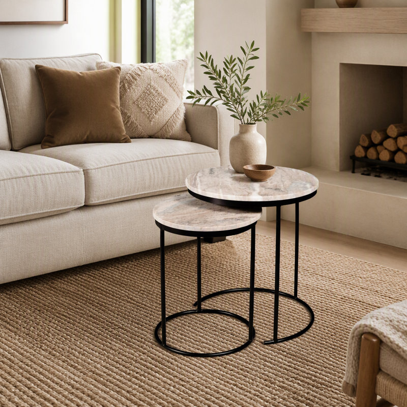 Ensemble de 2 tables basses gigognes en marbre avec structure en métal