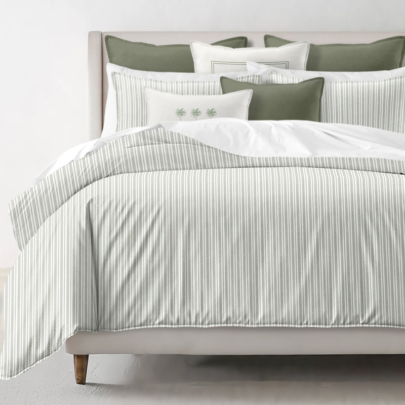 Pacific Stripe Reversible Cotton Duvet Cover Set, Sweet Grass, Queen Duvet Cover + 2 Queen Shams