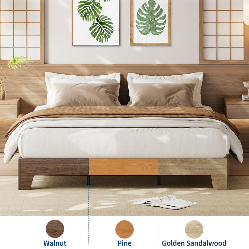 Base de lit plateforme en bois, lit minimaliste avec support en lattes de bois, espace de rangement sous le lit, Pin