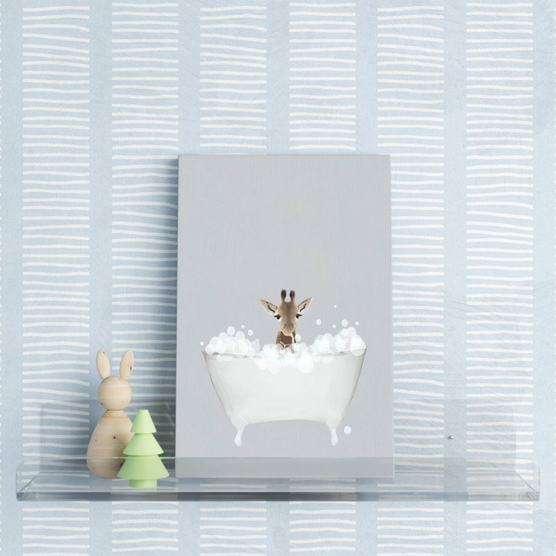 Giraffe Blue Bath by Leah Straatsma - Wrapped Canvas Painting, 20.32 cm H x 30.48 cm W
