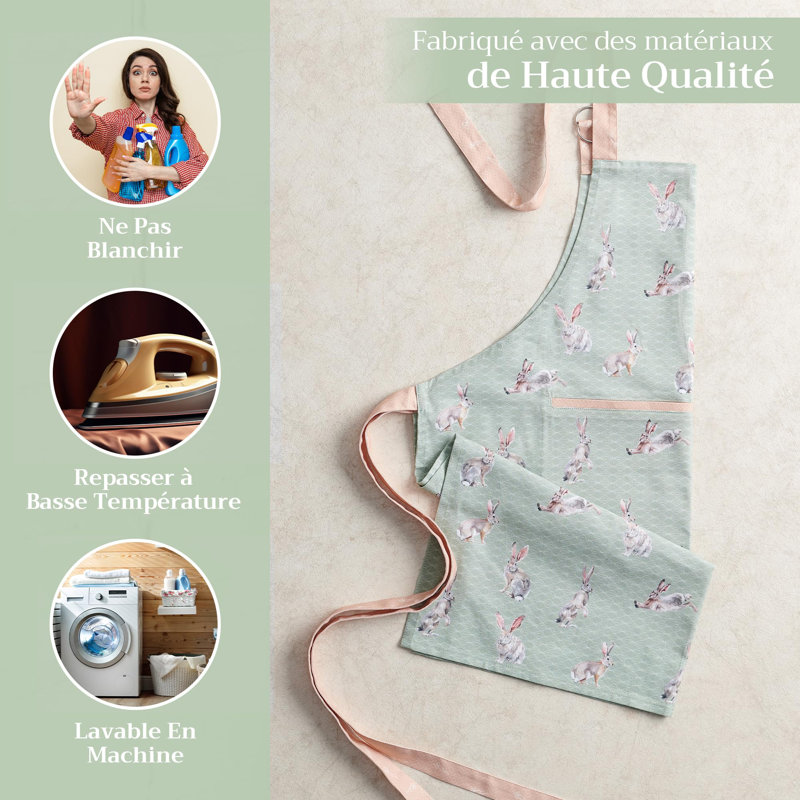 Maison d' Hermine Apron for women with Pocket 100% Cotton 27.50"x31.50" 1 Piece Adjustable Neck Strap & long ties Apron Men, Chef, Wedding, Cooking, Gardening, Server Spring/Summer (Rabbits At Dawn)