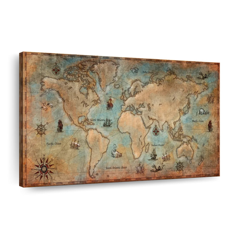 Carte du monde pirate sur toile, H 8 po x l 12 po