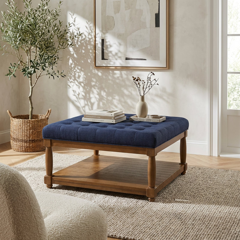 Large Square Upholstered Tufted Ottoman Coffee Table with Solid Wood Shelf and Footrest Functionality