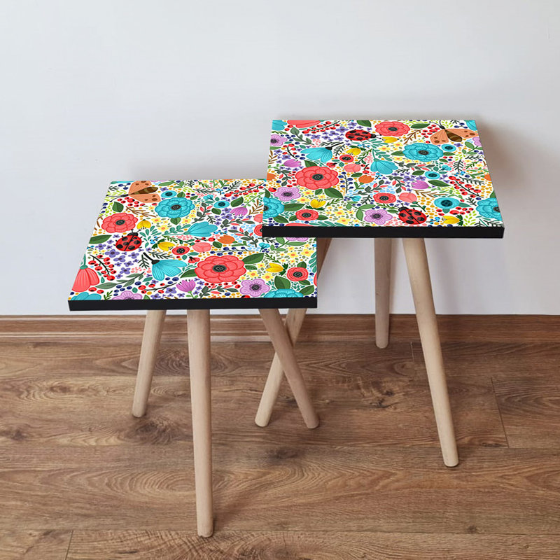 Modern Nesting Table Set (2 Pieces), Beech Wood Legs, 13.8 x 18.5 x 13.8 inches & 13.8 x 16.5 x 13.8 inches | 100% MDF with 0.7-inch Thickness | Stylish Floral Design for Living Room & Home Décor, Space-Saving Solution