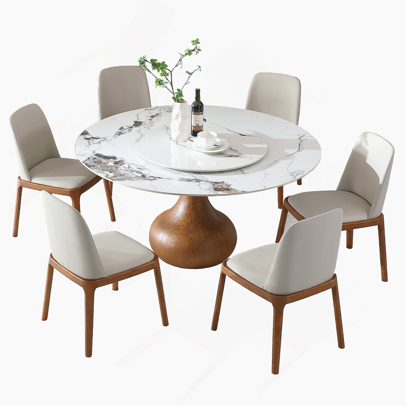 Table de salle à manger 53 po ronde en pierre frittée d'aspect marbre moderne, salle à manger, espace compact avec plateau tournant