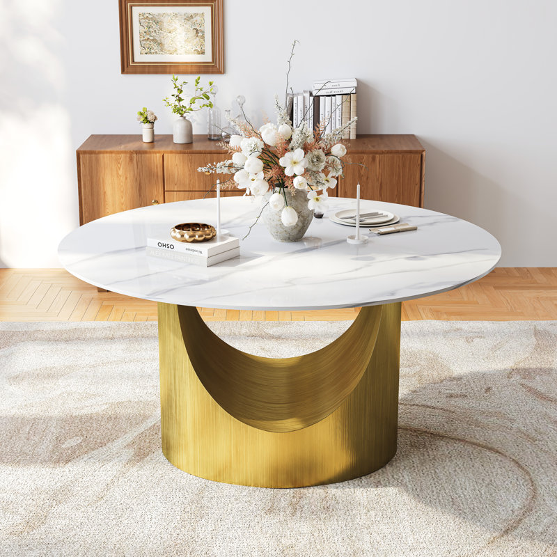 59" Round Sintered Stone Dining Table, Faux Marble Pattern, Modern Cylindrical Pedestal Base Table