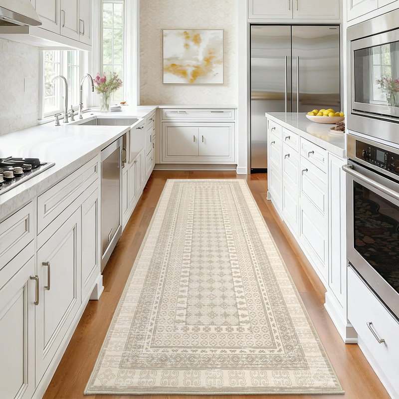 Tapis à bordure géométrique lavable à la machine, Beige, 2*6ft