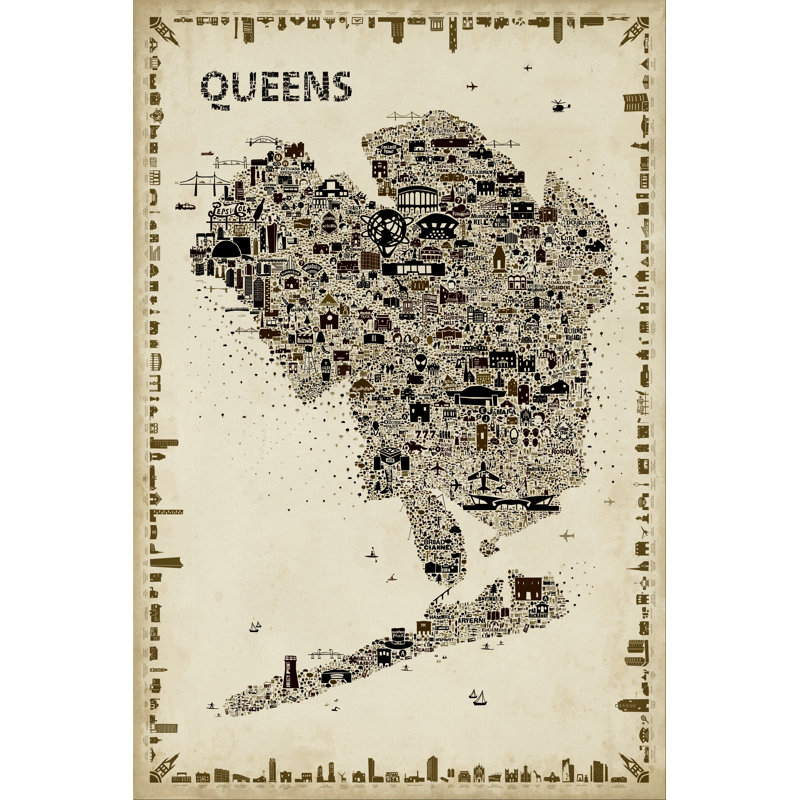 Antique New York Collection-Queens by Rafael Esquer - Graphic Art, 76cm H x 51cm W, Black Floater Framed