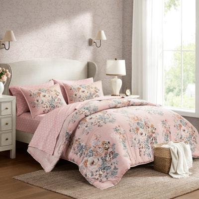 Édredon rose à motif floral rétro de 7 très grands lits, apportant une touche de romantisme intemporel à votre chambre à coucher, rembourrage douillet, microfibre soyeuse et douce, accessoires de lit assortis de style floral, respirant et doux, deux motifs, complet
