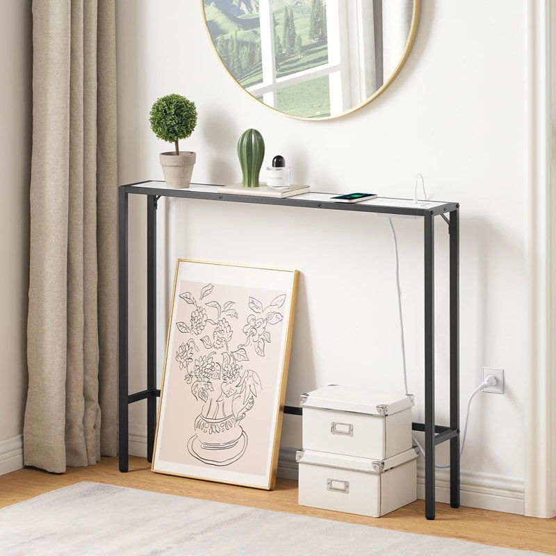 Narrow Console Sofa Table With Charging Station, Slim Behind Couch Table For Living Room, Hallway, Foyer, Built-In Power Outlets, Sturdy Engineered Wood And Metal Frame