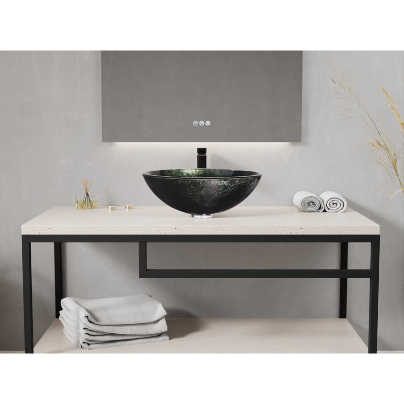 ANZZI 16.5'' Glass Circular Bathroom Sink, Stellar Black