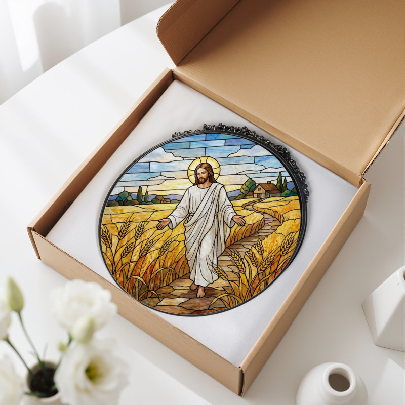 Jesus Walking Stained Glass Window Panel,12"H, H 7,8 po