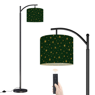 Lampe sur pied arquée Starburst vert foncé de 62,6 po de hauteur avec abat-jour tambour en lin à DEL, température de couleur 3, télécommande et interrupteur au pied pour le salon