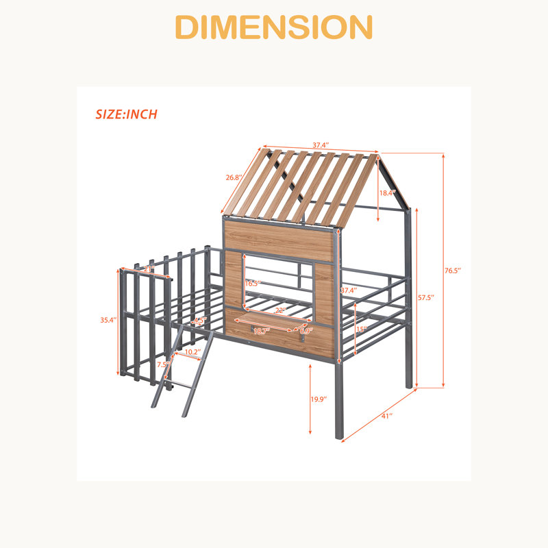 Lit mezzanine simple en métal avec toit, fenêtre, garde-corps et échelle, Argent argent
