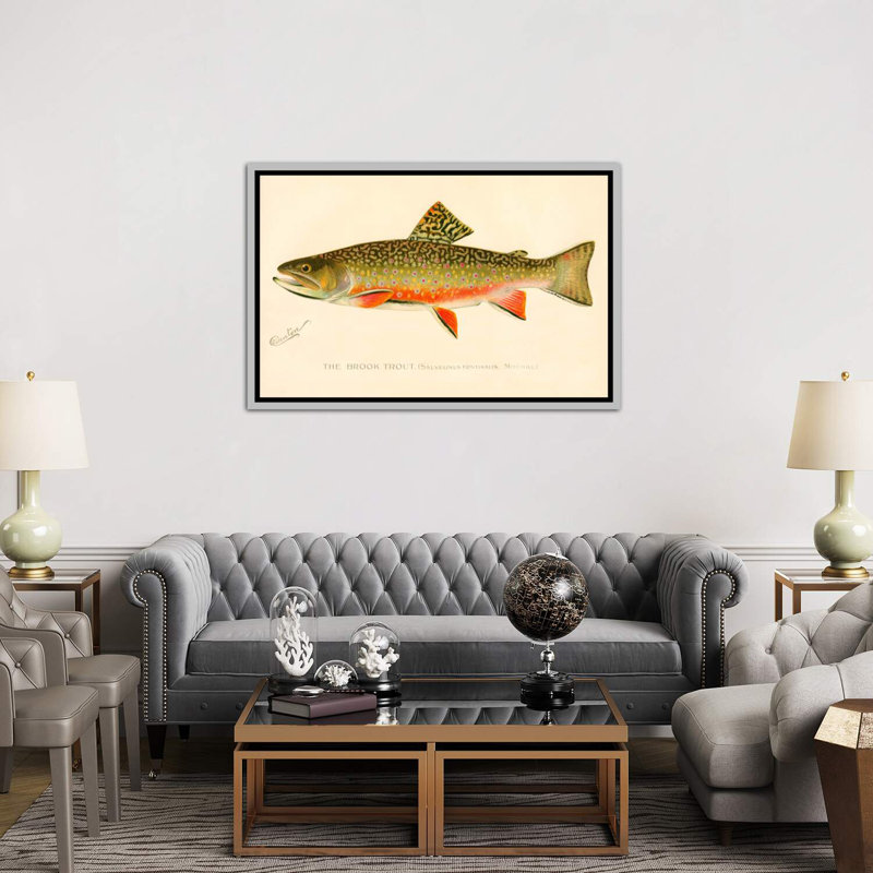 The Brook Trout - impression d'art graphique, H 40 po x l 60 po x 1,5 po, Toile avec cadre argenté