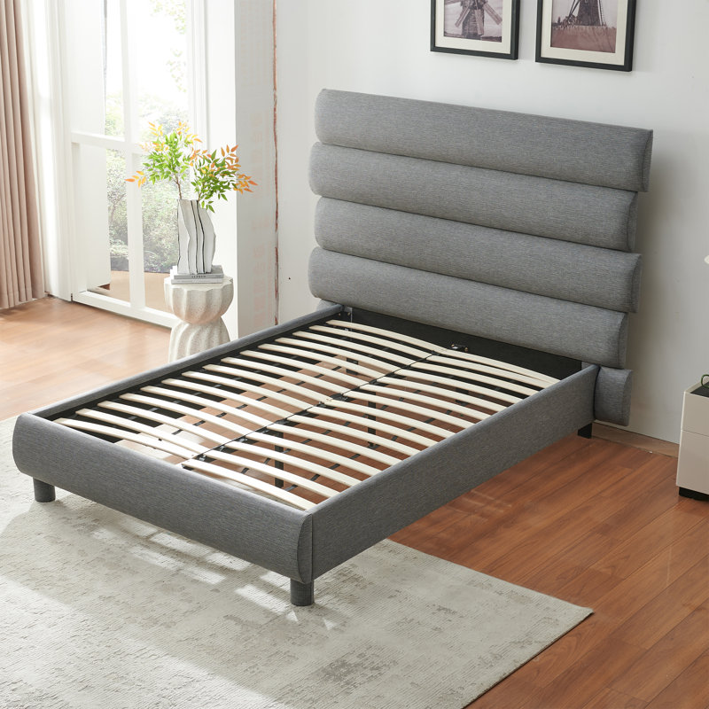 Luxury 60-Inch Asymmetrical High-Back Linen Upholstered Platform Bed - Memory Foam Compatible, No Box Spring Needed | Elevate Your Bedroom with Contemporary Style & Restful Comfort
