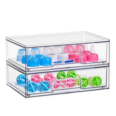 Tiroirs de rangement en acrylique empilables larges Sorbus, ensemble de 2 bacs de rangement en plastique transparent pour biberons, organisation de comptoir de maquillage, de salle de bain, de meuble-lavabo et de cuisine, conception de tiroir coulissant pour armoires et garde-manger, ensemble de 2