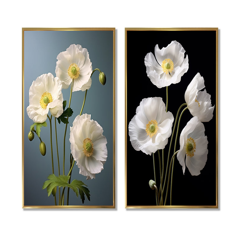 Elegant White Whispers Poppies - Ensemble de 2 décorations murales coquelicots, Cadre flottant doré, H 32 po x l 33 po