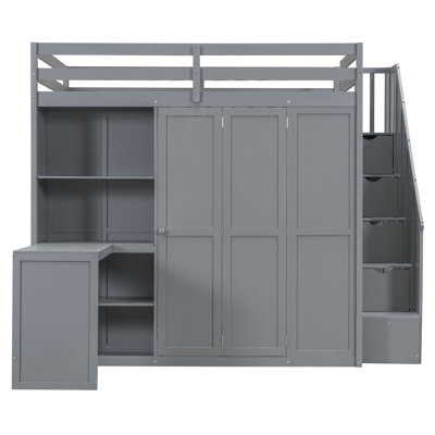 ModuNest Full Size Loft Bed with Wardrobe, Desk, and Shelves